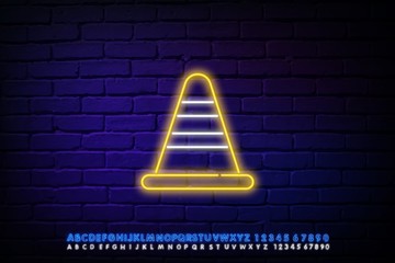 Neon illumination of the road cone. A vivid illustration of a traffic cone. Modern vector logo, banner, shield, road fence pattern. Night advertising on the background of a brick wall.