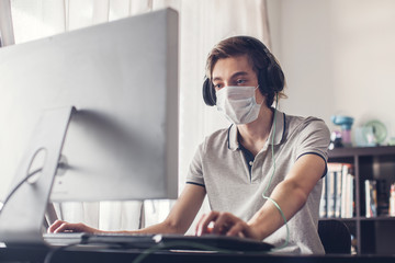 Young man in quarantine. Online distance learning