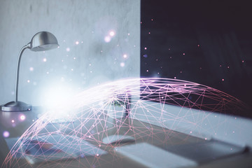 Computer on desktop with social network hologram. Multi exposure. Concept of international people...