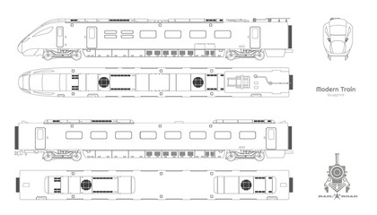 Outline blueprint of modern train. Side, top and front views. Isolated locomotive. Railway vehicle. Railroad pessenger transport © shaineast