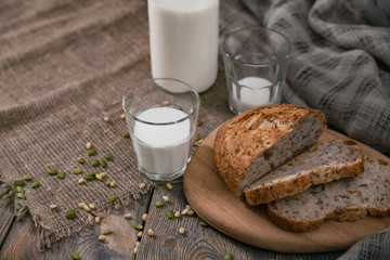 Meal with milk and bread in the country on World Milk Day. Horizontal shot from above.