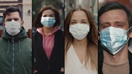Group of people in masks, collage citizens Virus mask on street wearing face protection in prevention for coronavirus covid 19. public space on quarantine - Powered by Adobe