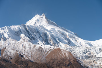 Manaslu mountain peak, eighth highest mountain peak in the world in Himalayas mountain range in Nepal