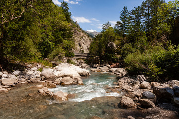 River in mountain forest area. Bridge Point sur le Bes river in back. Provence, France, Europe.