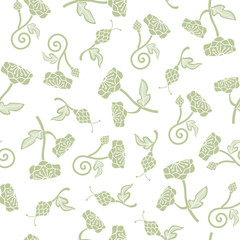 Vector Flower Silhouettes in Green with Leaves on White Background Seamless Repeat Pattern. Background for textiles, cards, manufacturing, wallpapers, print, gift wrap and scrapbooking.
