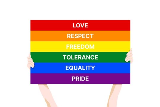 Pride Month 2020 vector banner template with the LGBT person holding multicolored poster as a symbol of LGBT community on white background. Love, respect, freedom, tolerance, equality, pride concept.
