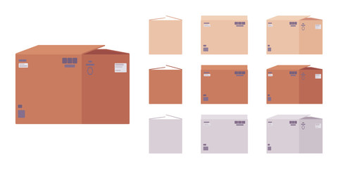 Moving boxes cardboard set for packing household items, office books, clothes, linens, appliances, parcel transportation. Vector flat style cartoon illustration, different colors and view