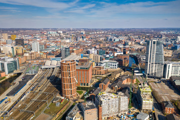 Aerial photo of the town centre of Leeds in West Yorkshire, taken on a beautiful sunny day