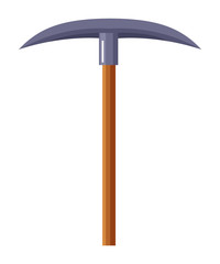 Pickaxe or pick isolated on white background. Heavy steel mattock with wooden handle. Equipment, tool for excavation in quarries, mining industry or archeology. Vector illustration in flat style