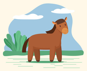 Domestic animal, horse stand on ground on meadow. Rustic hoss on farm, cute character look at you. Village or countryside nature with shrubs and grass. Vector illustration of livestock in flat style