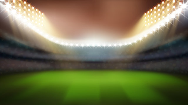Cricket Or Rugby Stadium With Bright Lights Vector. Blurred Empty Stadium With Green Grass, Tribunes For Game Watching And Lighting Bright Lamps. Sport Field Mockup Realistic 3d Illustration