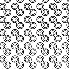 Pattern of black spiral motifs on white background. Suitable for decorations and textiles.