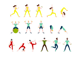 Fototapeta na wymiar a set with sports people. girls and boys play sports. set of sports characters. Flat vector illustration of people in sports uniforms and equipment.