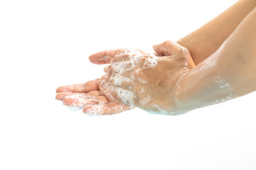 Washing hands with soap isolate on white background.
