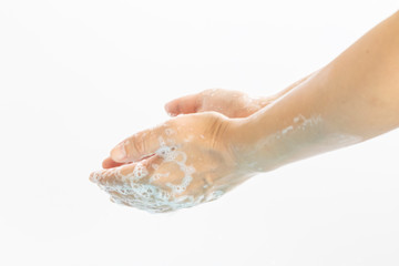 Washing hands with soap isolate on white background.