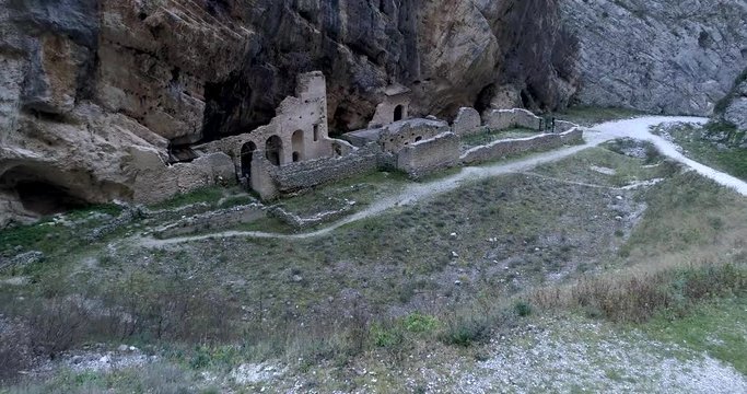 Aerial view of Remains of the old Benedictine abbey in the Gorges of Fara San Martino. Pope Celestine V Hermitage. Fara San Martino, Majella National Park, Chieti, Abruzzo, Italy, Europe