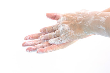 Washing hands with soap isolate on white background.