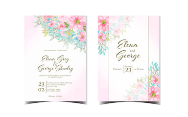 set of floral wedding invitation with beautiful pink daisy flowers