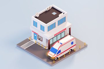 Emergency Hospital Entrance in 3d isometric style. The building of the clinic with lobby for patients. 3D render Illustration