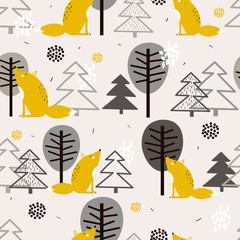 Foxes, fir trees and trees, hand drawn backdrop. Colorful seamless pattern with animals. Decorative cute wallpaper, good for printing. Overlapping background vector. Design illustration
