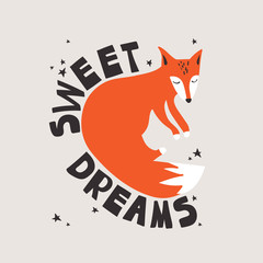 Hand drawn illustration with fox, stars and lettering. Colorful cute background vector. Sweet dreams, poster design. Backdrop with english text, animal. Funny card, phrase