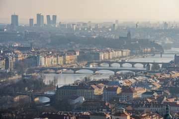Naklejka na ściany i meble Aerial view of old town with Bridges in Prague. Czech Republic.