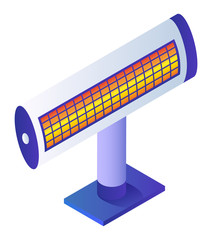 Home appliance, heater used to get rooms warm. Electrical energy converted to heat energy. Electronic device isolated on white background. Wire thermopile stand and turned on. Vector, isometric