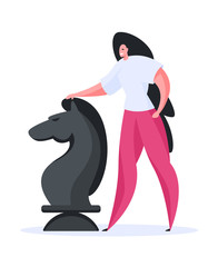 Happy woman playing chess game. Flat vector illustration