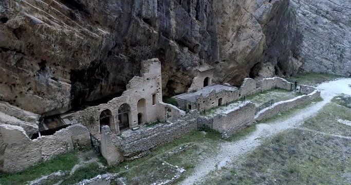 Aerial view of Remains of the old Benedictine abbey in the Gorges of Fara San Martino. Pope Celestine V Hermitage. Fara San Martino, Majella National Park, Chieti, Abruzzo, Italy, Europe