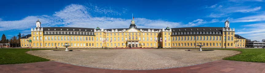 Large Panorama of Castle Karlsruhe with Garden Square. In District Karlsruhe, Baden-Württemberg, Germany