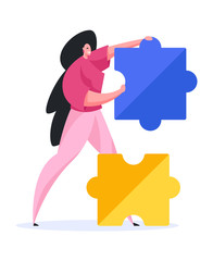 Happy modern woman doing puzzle. Flat vector illustration