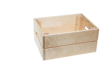 Side view of an empty wooden box, on a white background