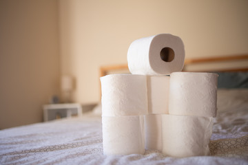 Background with toilet paper. Coronavirus, panic. Buying toilet paper.