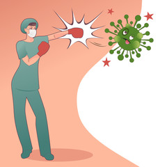 Female doctor wearing protective mask and wearing boxing gloves, giving a left hook to a Covid-19 virus © LaInspiratriz