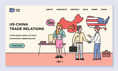 Us and China trade relations, people representing countries at meeting. Handshake of businessmen partners making agreement. Flags and office interior. Website or webpage template, landing page vector
