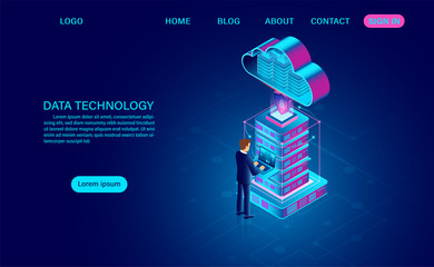 Data technology and big data processing protecting data security concept and cloud computing. digital information. isometric. cartoon vector