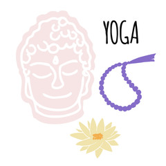 Illustration meditachion yoga items rosary lotus figurine buddha