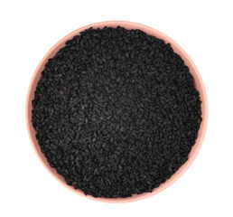 Black sesame seeds in a pink cup