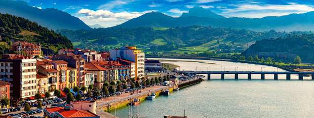 Fishing village of Asturias,Spain.Harbour with boats and houses in Ribadesella