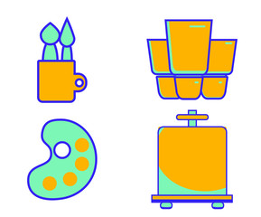 4 object flat icons set isolated on. Icons set with artists palette, tubes of paint, easel, brushes. Cartoon vector illustration