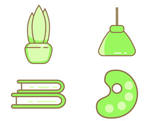 4 object flat icons set isolated on. Icons set with artists palette,houseplant, books, lamp. Cartoon vector illustration