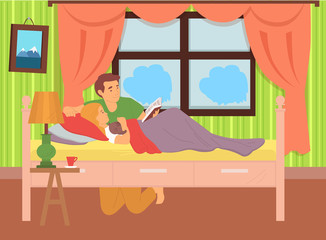 Obraz premium Happy dad with child vector, man reading book to kid educating and telling stories from life, interior of kids room, bedroom of person, parenting, concept for Father day