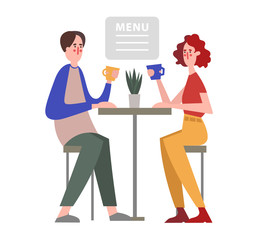 young man and woman having coffee in the cafe during coffee break or middle of date. Vector coffee shop customers. Concepr having great time as friends