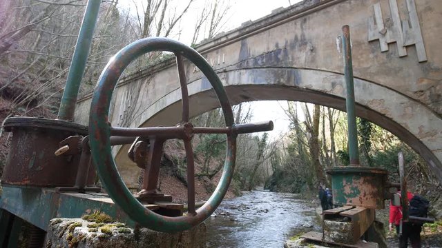 building of the fascist era. Aqueduct with a fascist bridge over the Calore river in Montella, Avellino, Campania, Italy