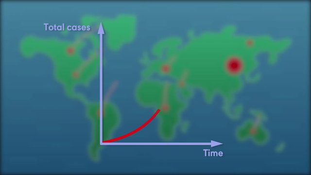 Vector illustration of a graph of an increase in infected on a world map background with animation of red dots and lines in the form of a coronavirus distributed during a pandemic. COVID-19 virus