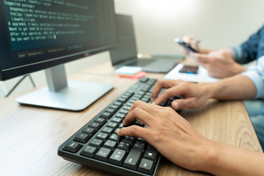 Team of programmers working together development Website design and coding technologies in a software develop company office, Coworkers Team concept