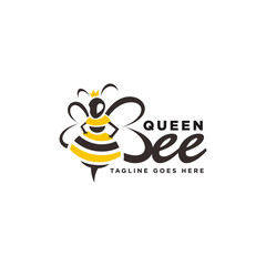 Queen Bee with Crown and Hive Logo Vector Illustrations