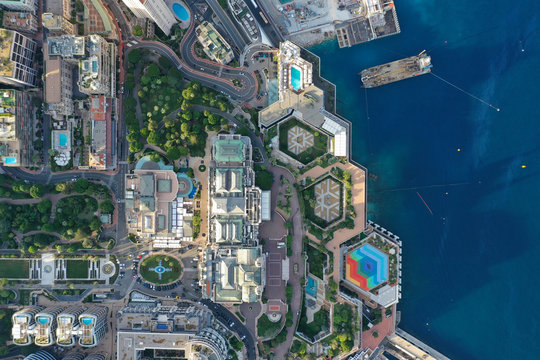 Colorful landscape of the cultural center of Monaco. Monte Carlo Casino. A Grand landscape. Top view.