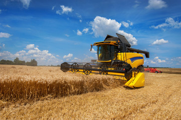 modern combine harvester in action. combine harvester harvesting cereals on wheat field with beautiful sky