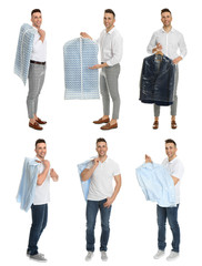 Obraz premium Collage of man holding hanger with clothes on white background. Dry-cleaning service